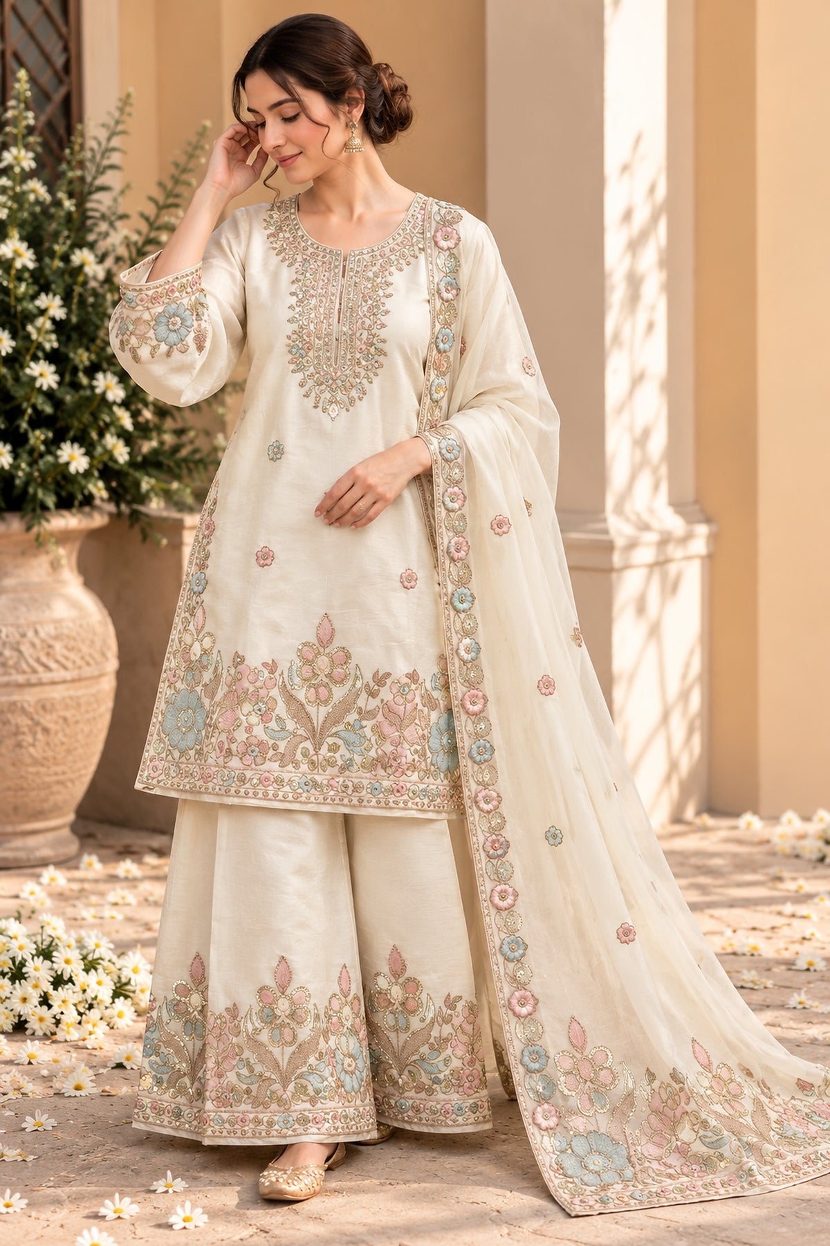 Ivory Floral Embroidered Kurta Palazzo Suit Set