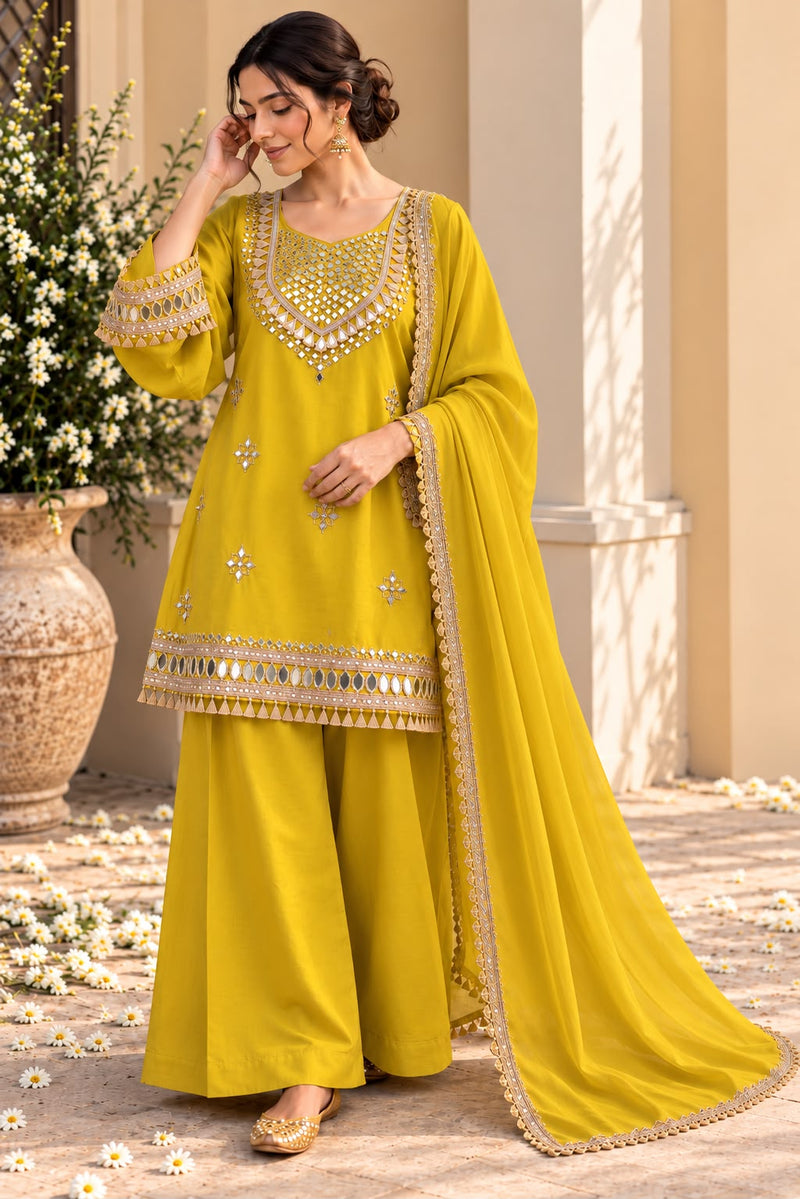 Mustard Yellow Mirror Work Pakistani Suit Set