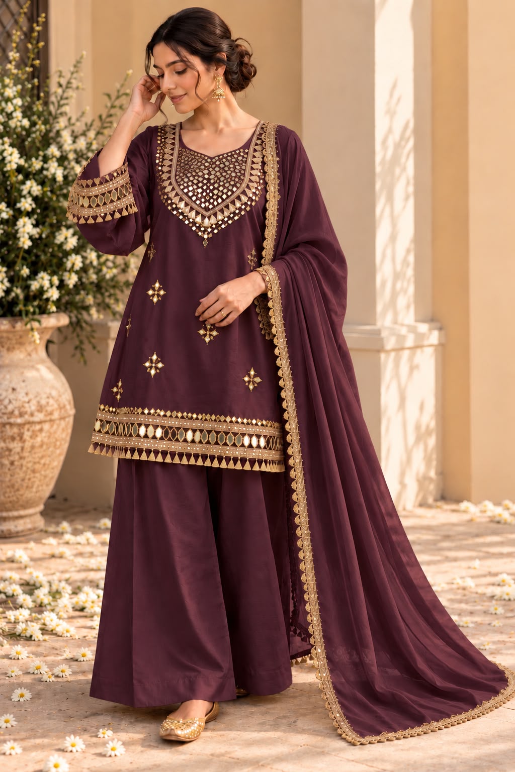 Deep Plum Mirror Work Pakistani Suit Set
