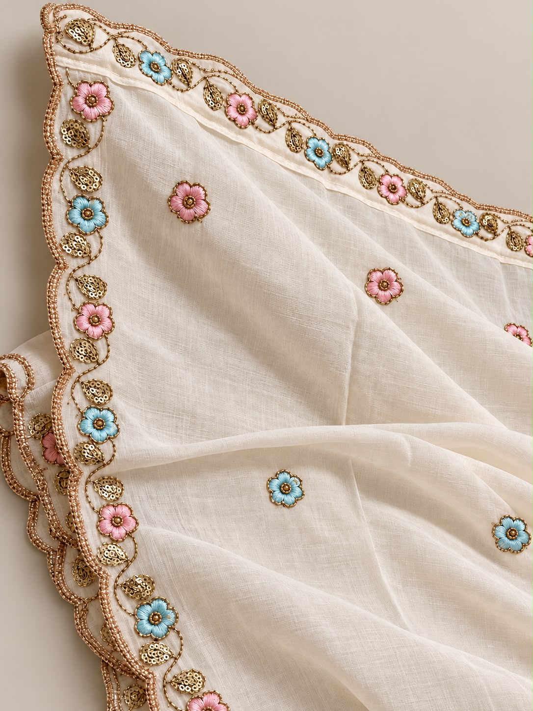 Ivory Floral Embroidered Kurta Palazzo Suit Set
