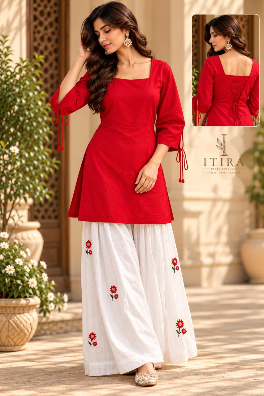 Red & White Corset Kurti with Farsi Salwar Set