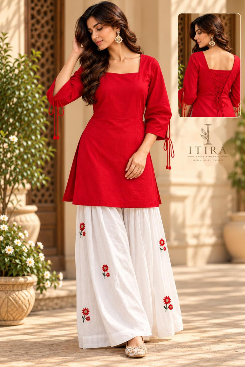 Red & White Corset Kurti with Farsi Salwar Set