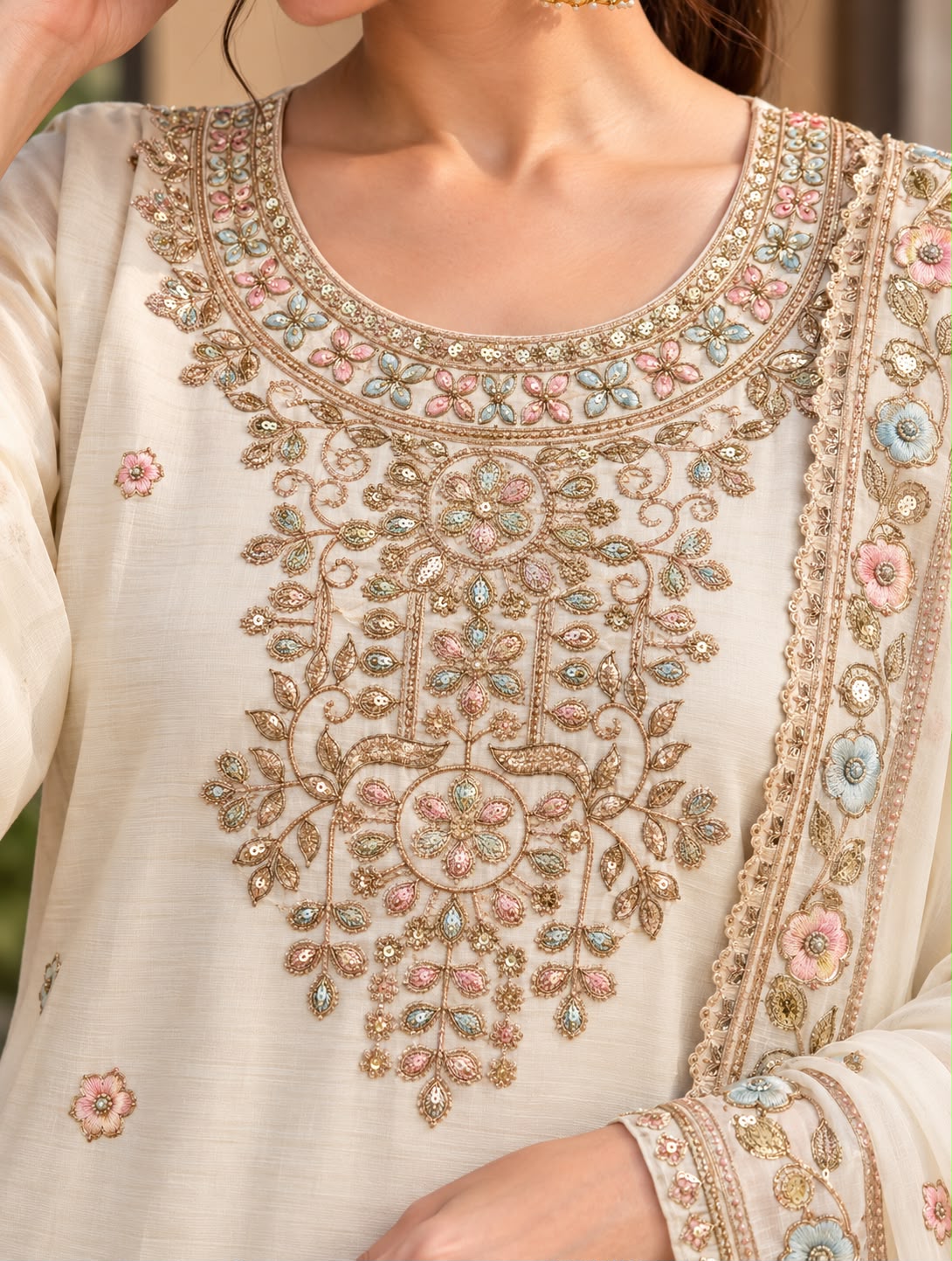 Ivory Floral Embroidered Kurta Palazzo Suit Set