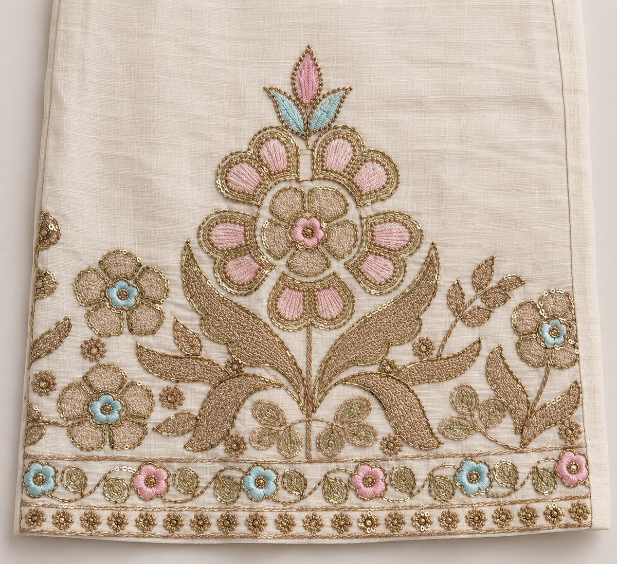 Ivory Floral Embroidered Kurta Palazzo Suit Set