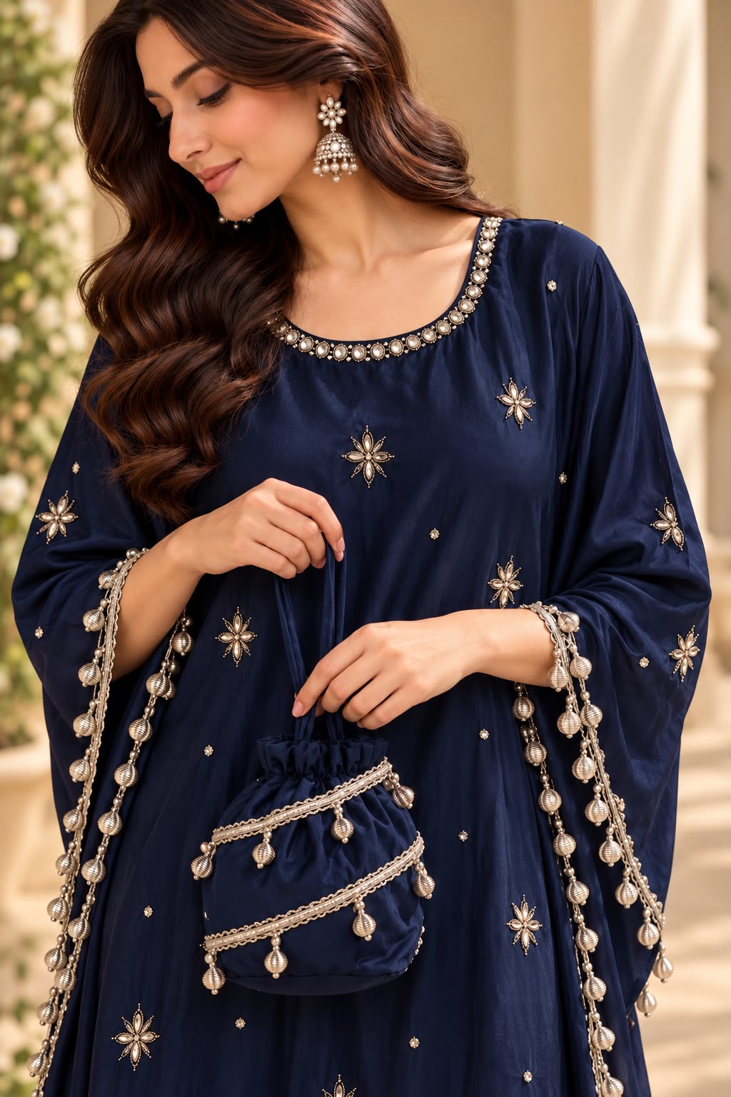 Midnight Navy Zircon & Stone Embellished Kaftan Suit Set with Potli