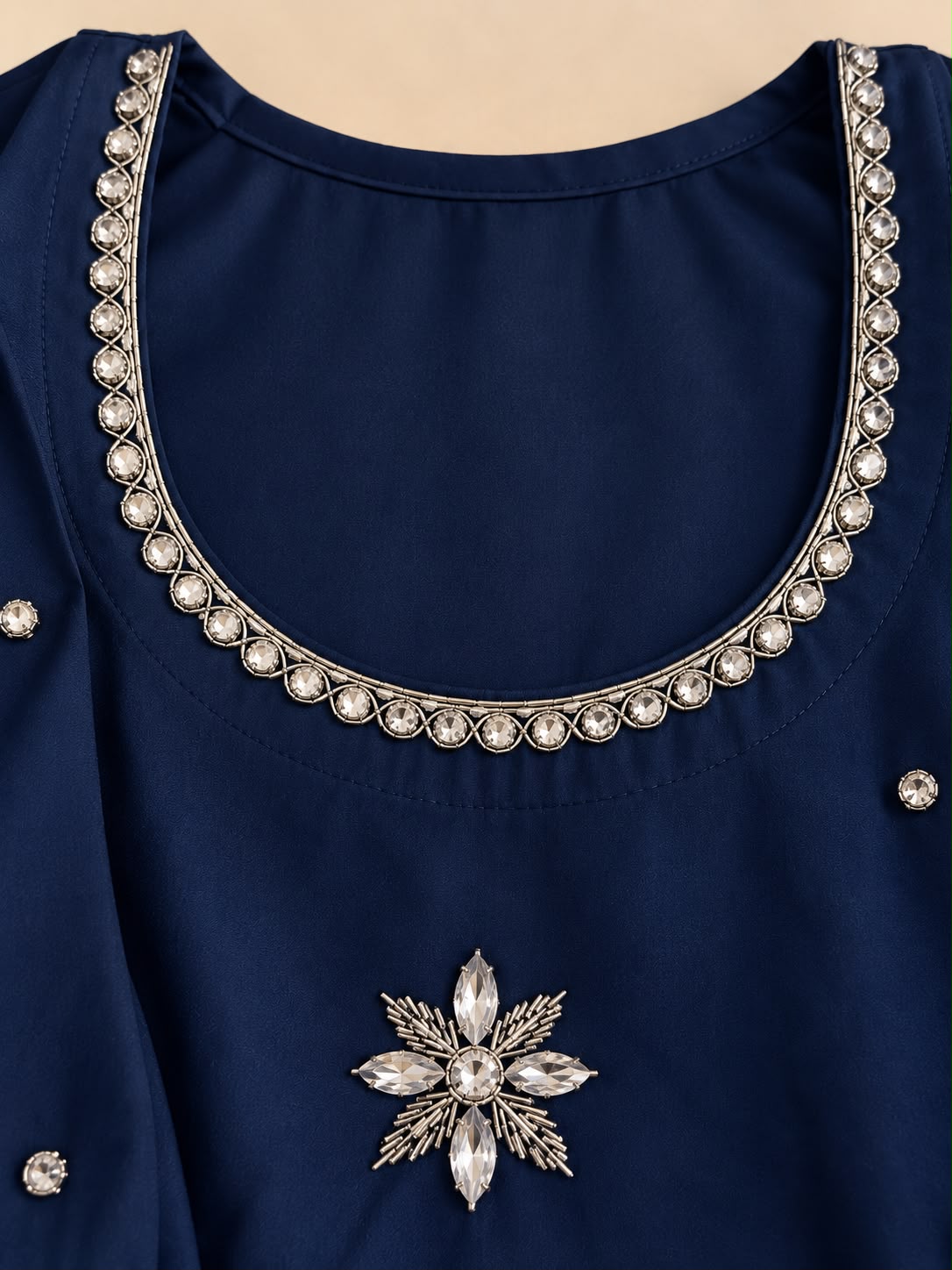 Midnight Navy Zircon & Stone Embellished Kaftan Suit Set with Potli