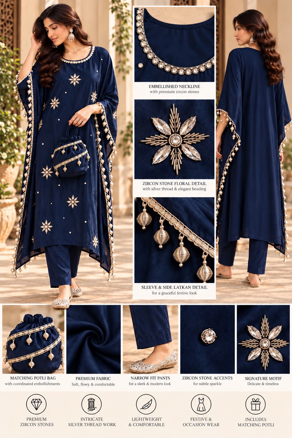Midnight Navy Zircon & Stone Embellished Kaftan Suit Set with Potli