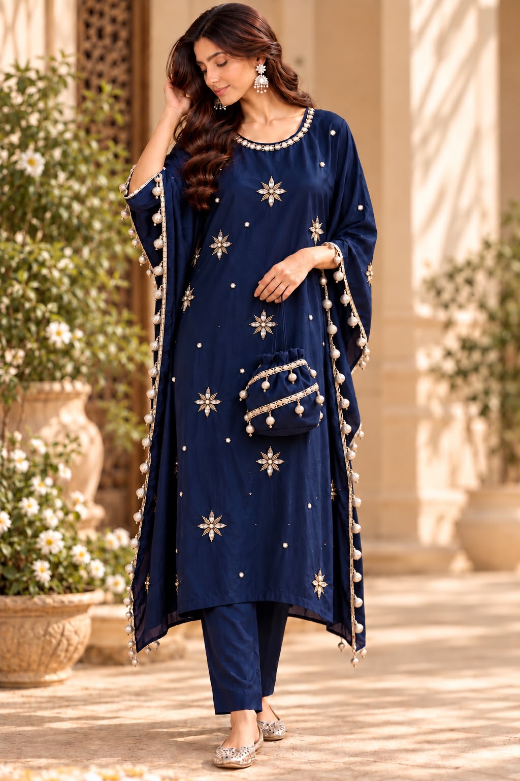 Midnight Navy Zircon & Stone Embellished Kaftan Suit Set with Potli