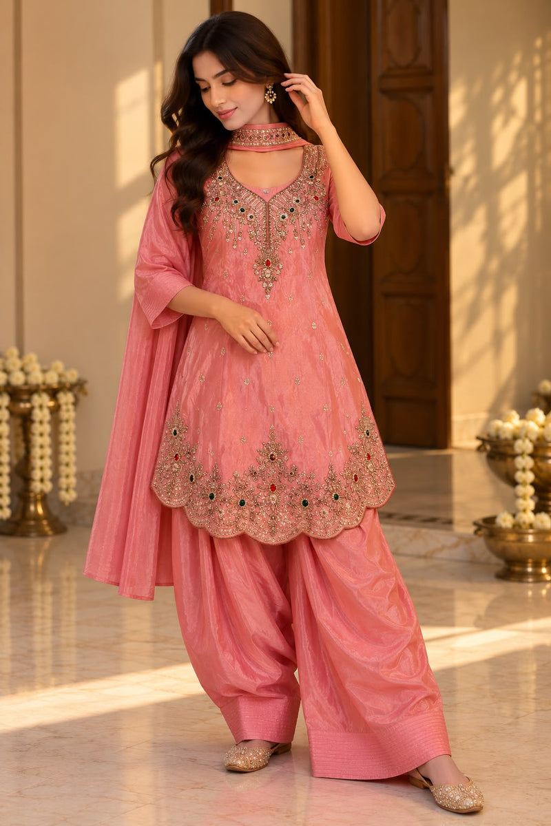 Peach Heavy Embroidered Farsi Salwar Suit Set