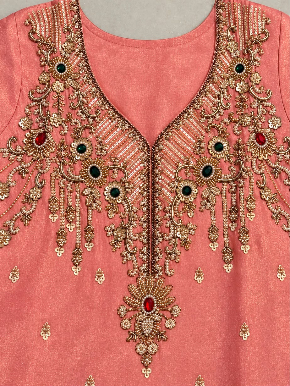Peach Heavy Embroidered Farsi Salwar Suit Set