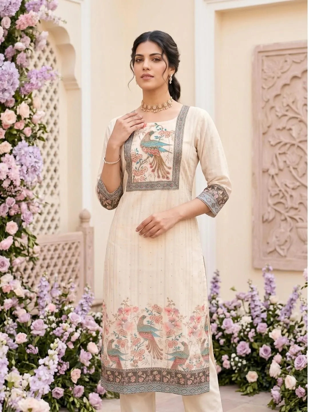 Ivory Peacock Floral Embroidered Suit Set