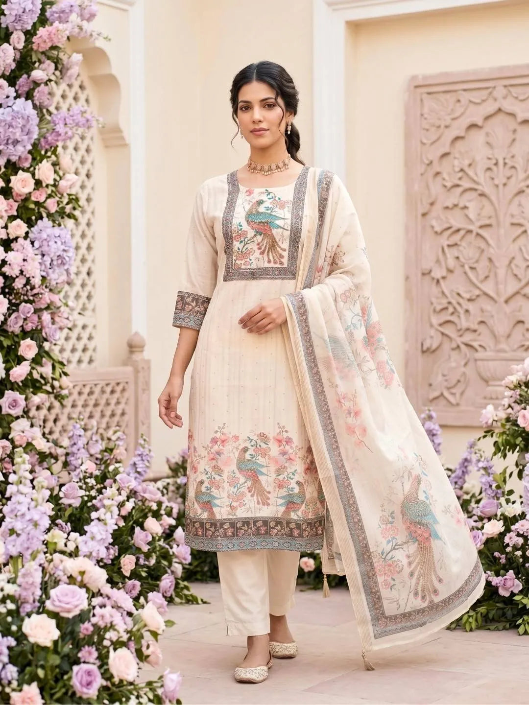 Ivory Peacock Floral Embroidered Suit Set