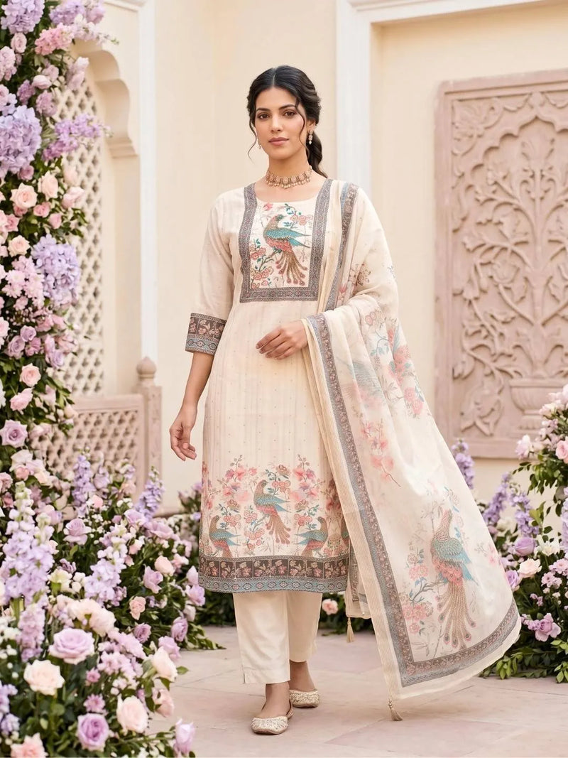 Ivory Peacock Floral Embroidered Suit Set
