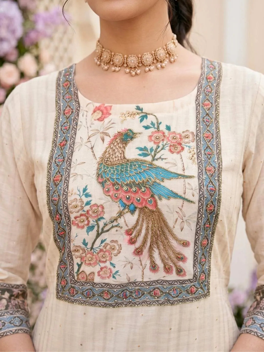 Ivory Peacock Floral Embroidered Suit Set