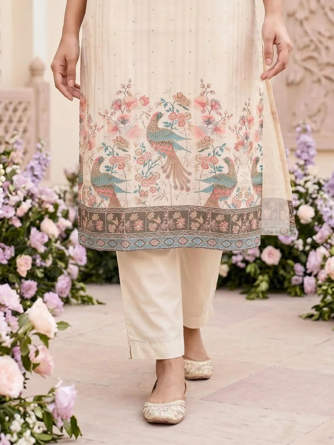 Ivory Peacock Floral Embroidered Suit Set