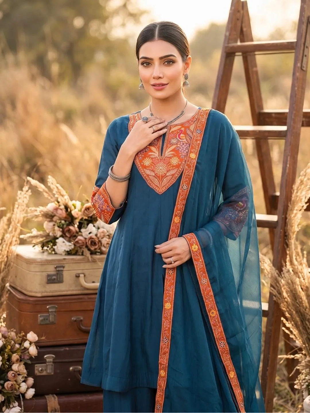 Teal & Rust Floral Handwork Embroidered Suit Set