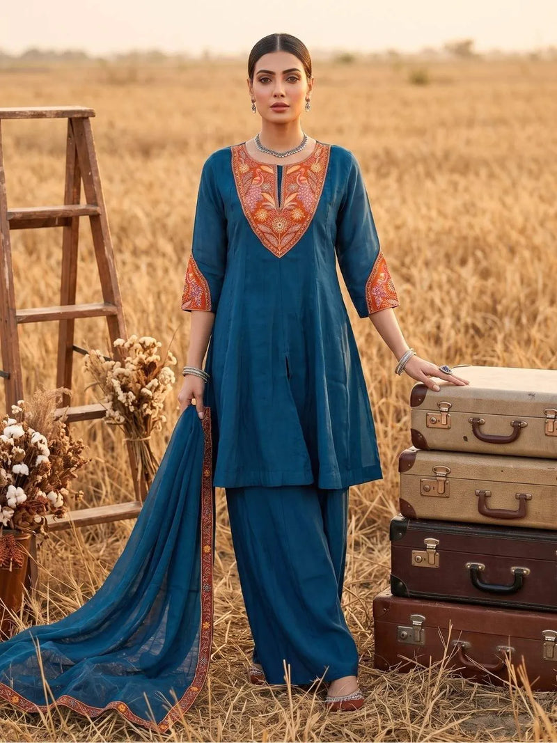 Teal & Rust Floral Handwork Embroidered Suit Set