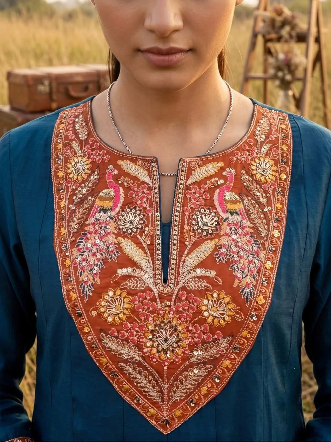 Teal & Rust Floral Handwork Embroidered Suit Set