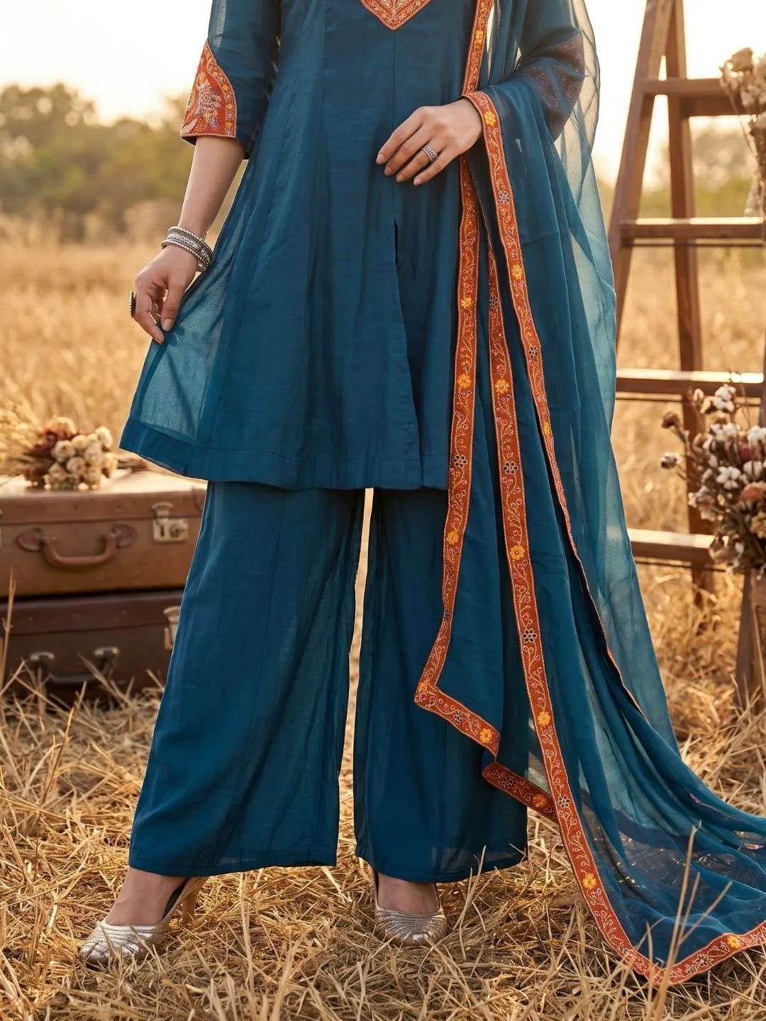 Teal & Rust Floral Handwork Embroidered Suit Set