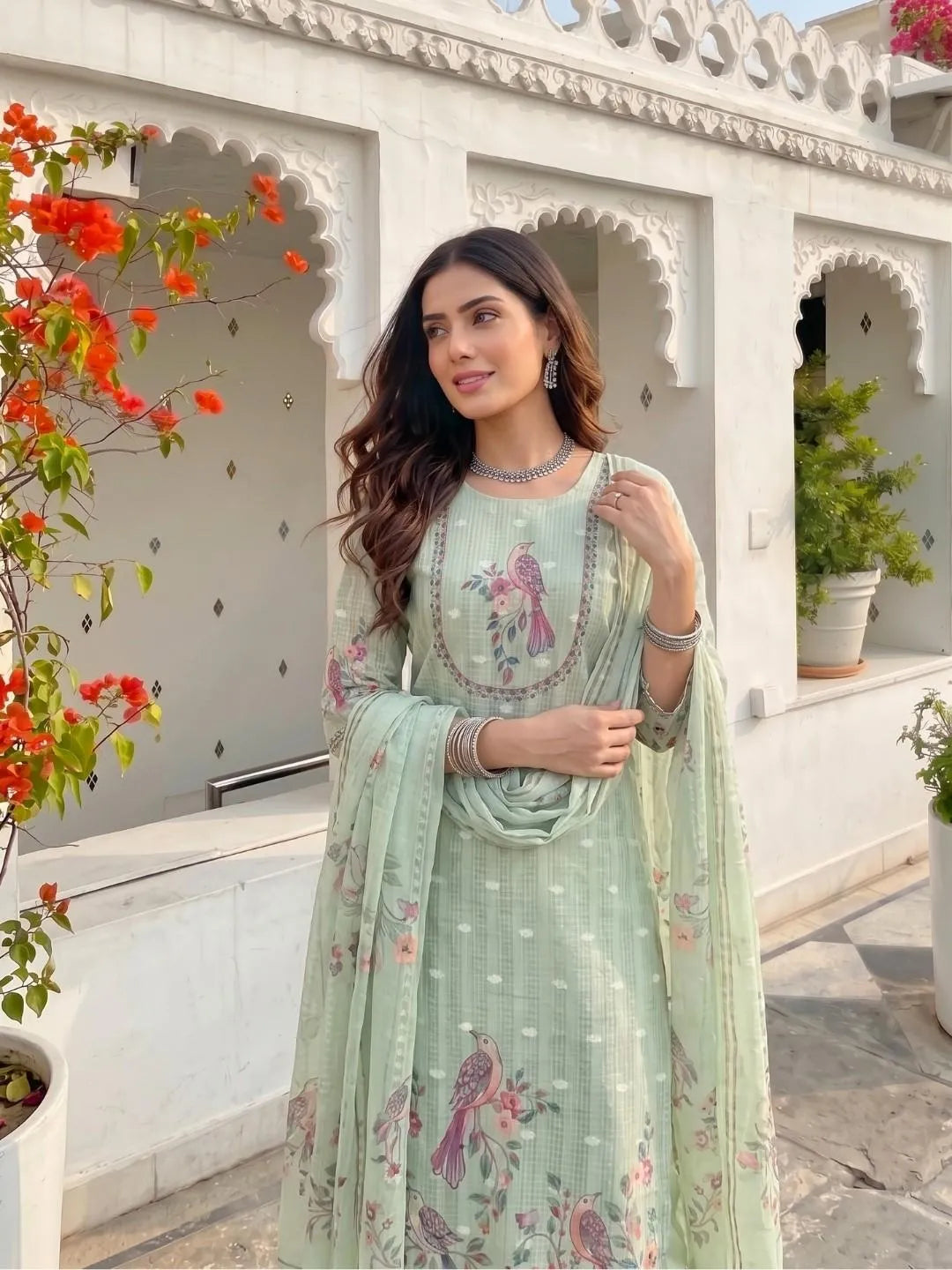 Pastel Green Peacock Handwork Printed Suit Set
