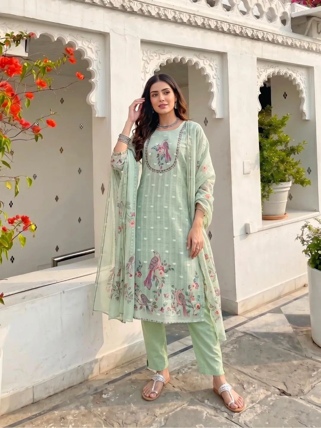 Pastel Green Peacock Handwork Printed Suit Set