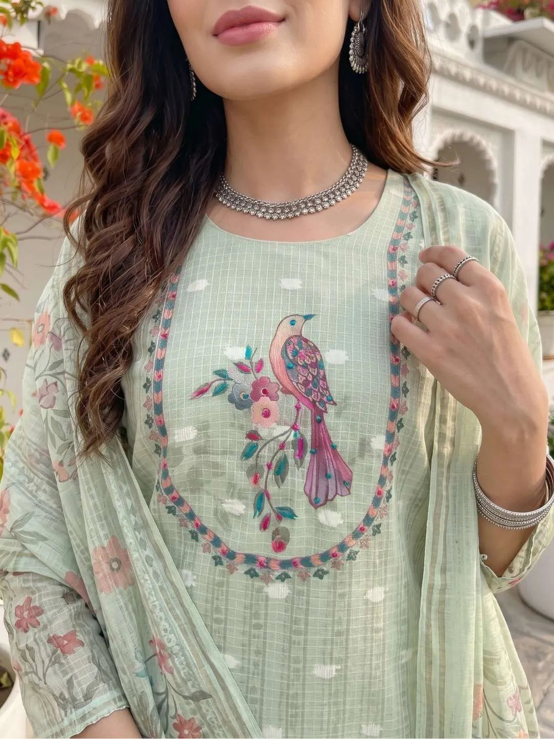 Pastel Green Peacock Handwork Printed Suit Set
