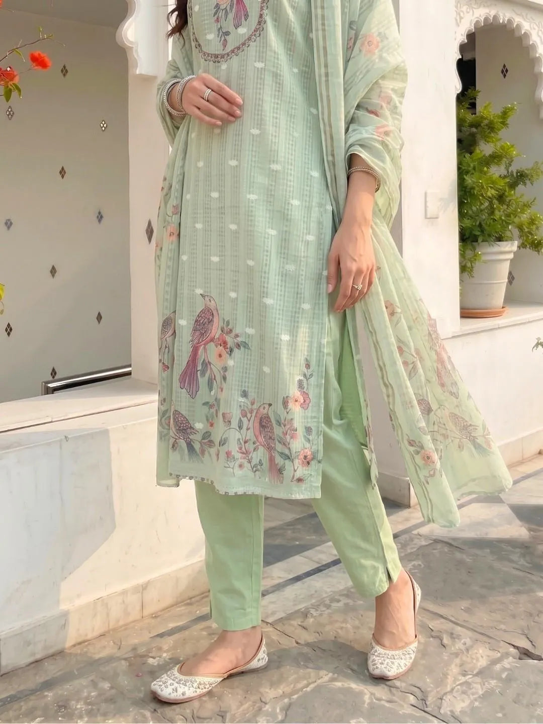 Pastel Green Peacock Handwork Printed Suit Set