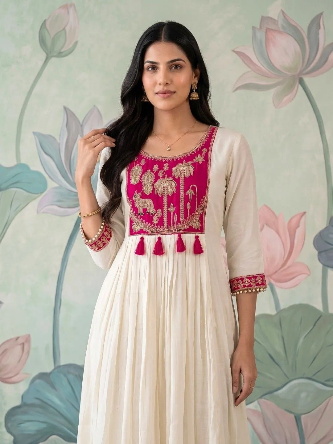 Hot Pink & Ivory Floral Embroidered Suit Set