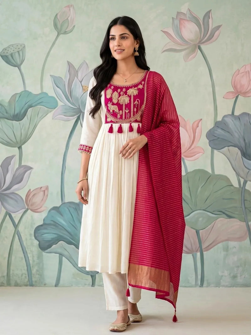 Hot Pink & Ivory Floral Embroidered Suit Set