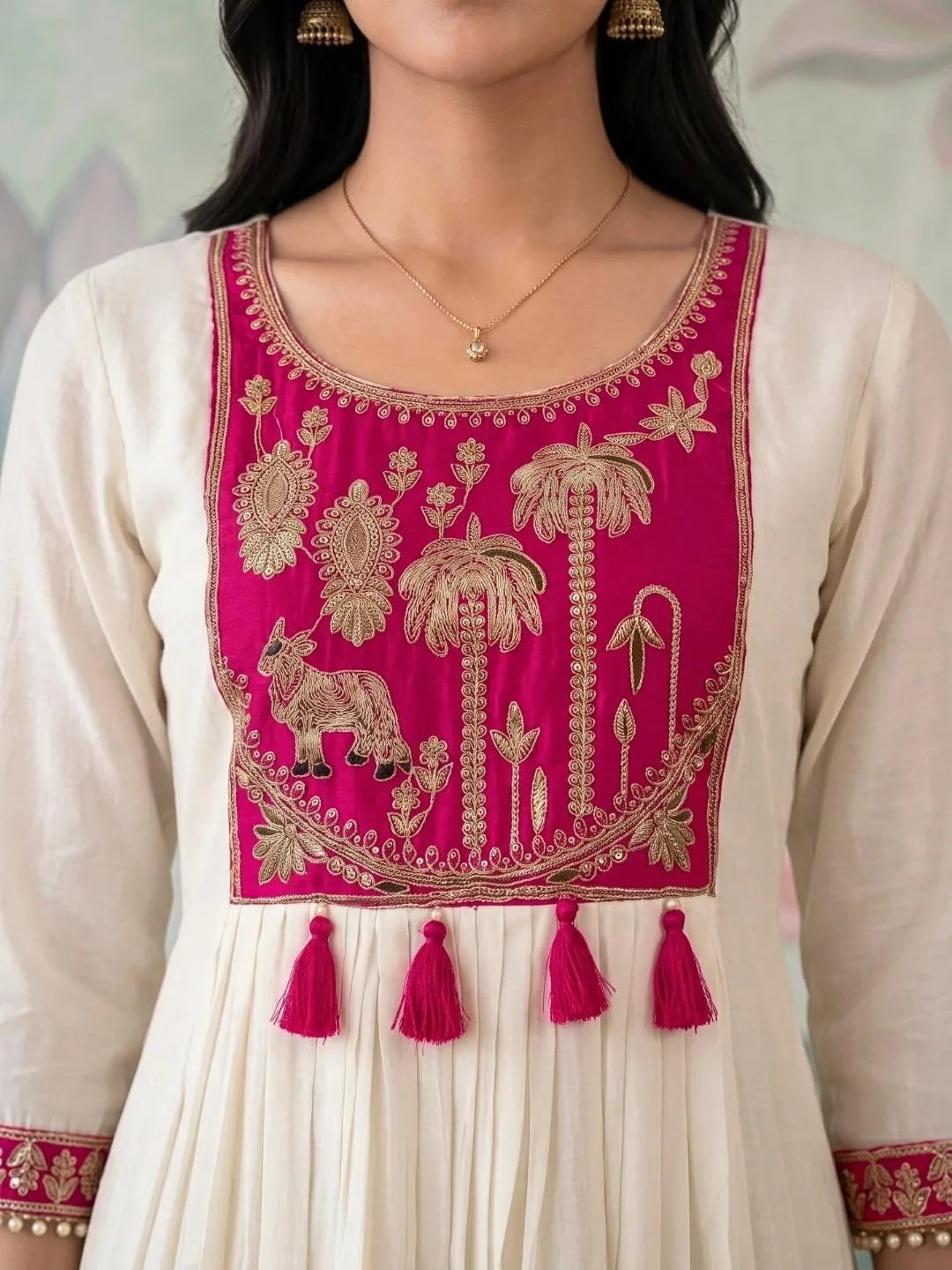 Hot Pink & Ivory Floral Embroidered Suit Set