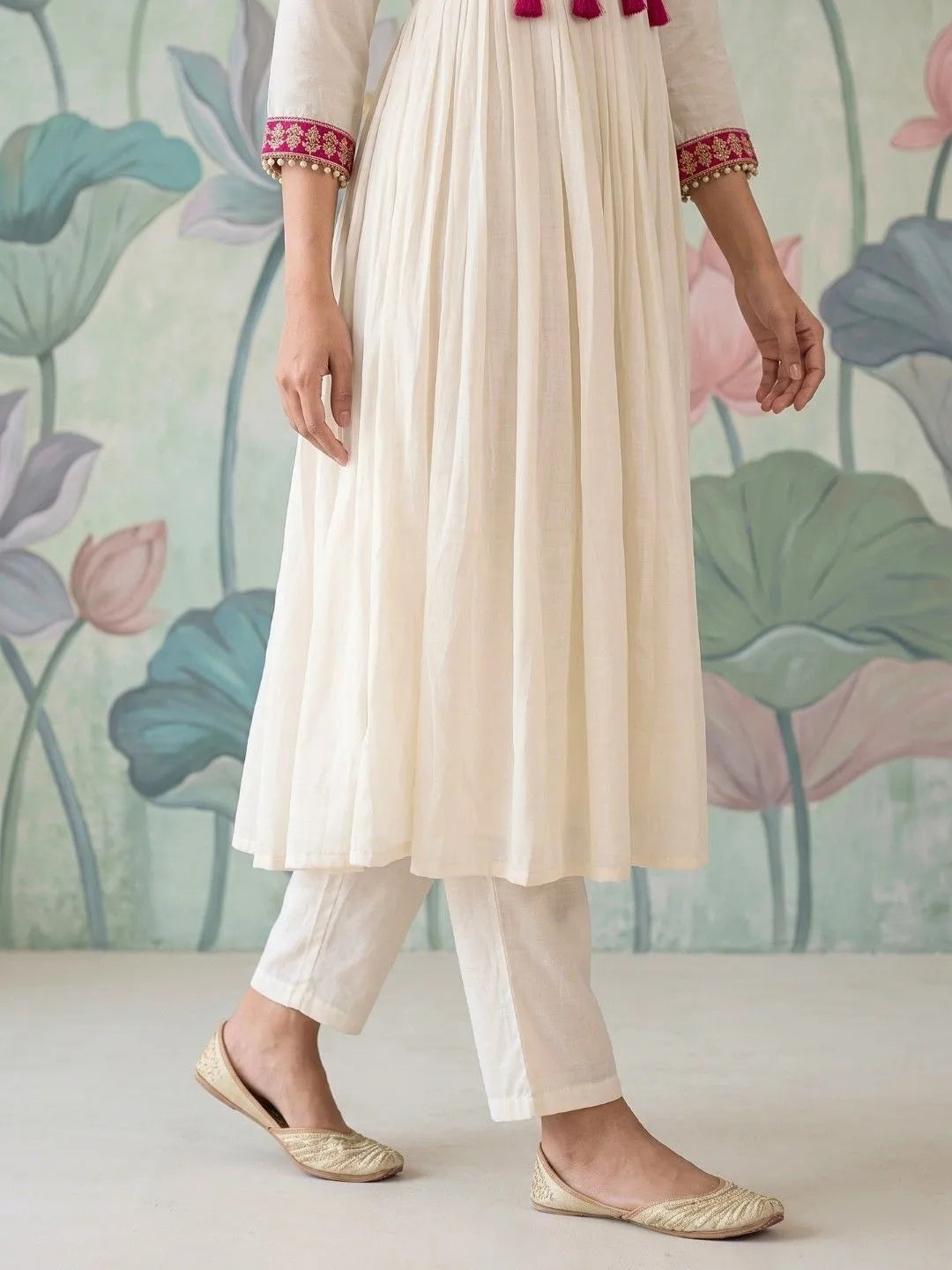 Hot Pink & Ivory Floral Embroidered Suit Set
