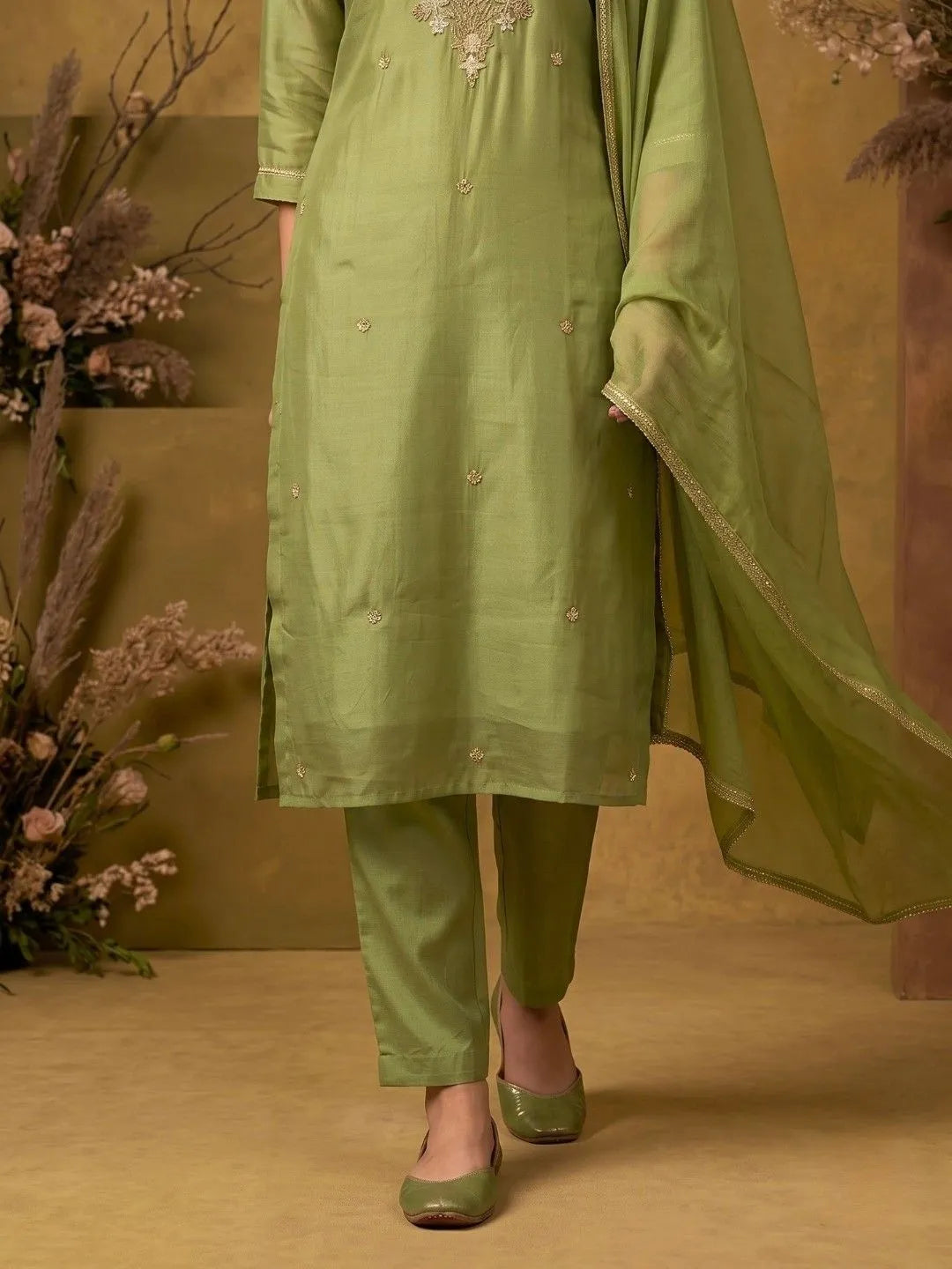 Sage Green Sequin Embellished Suit Set
