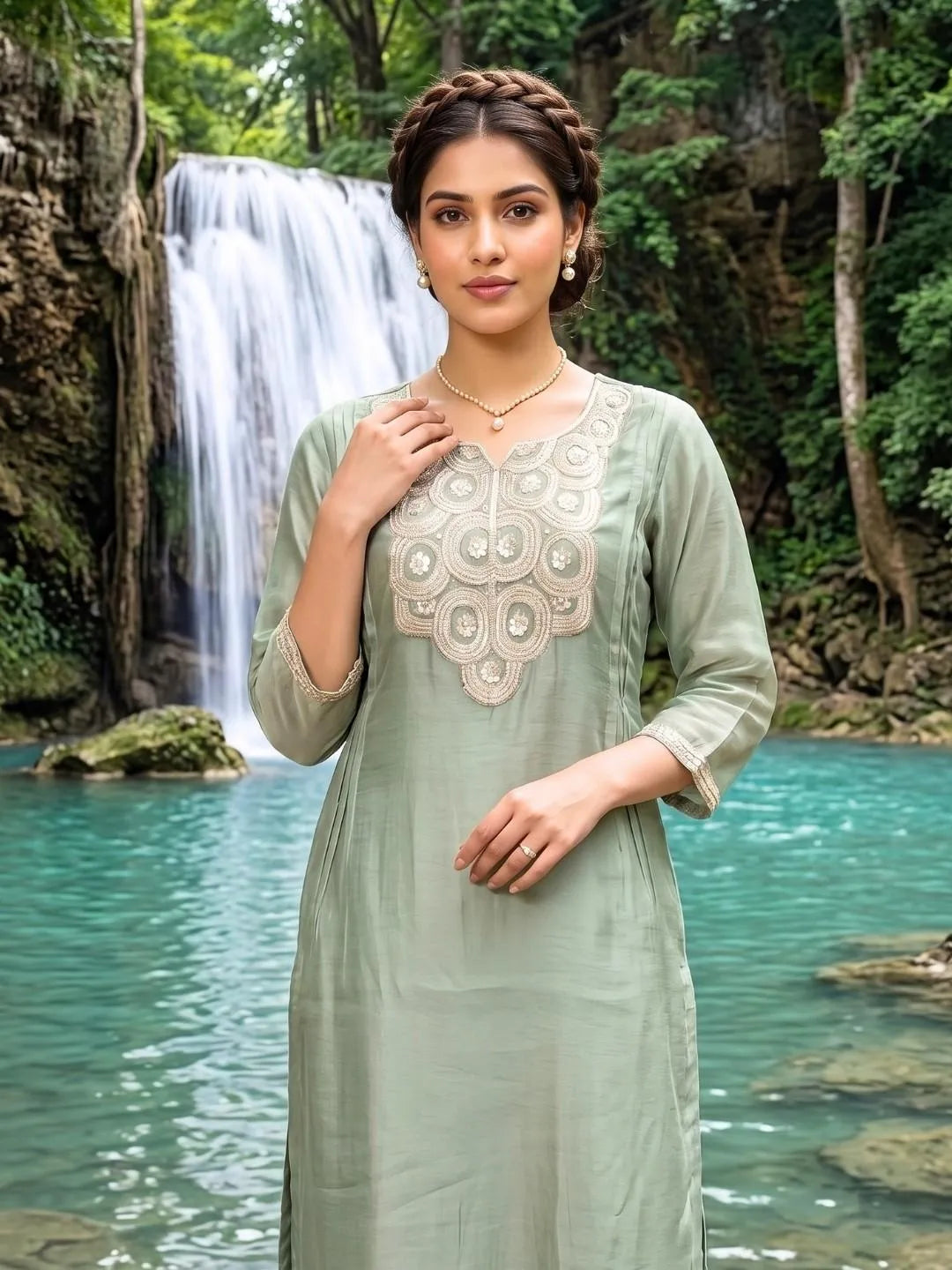 Pastel Mint Green Sequin Embroidered Suit Set