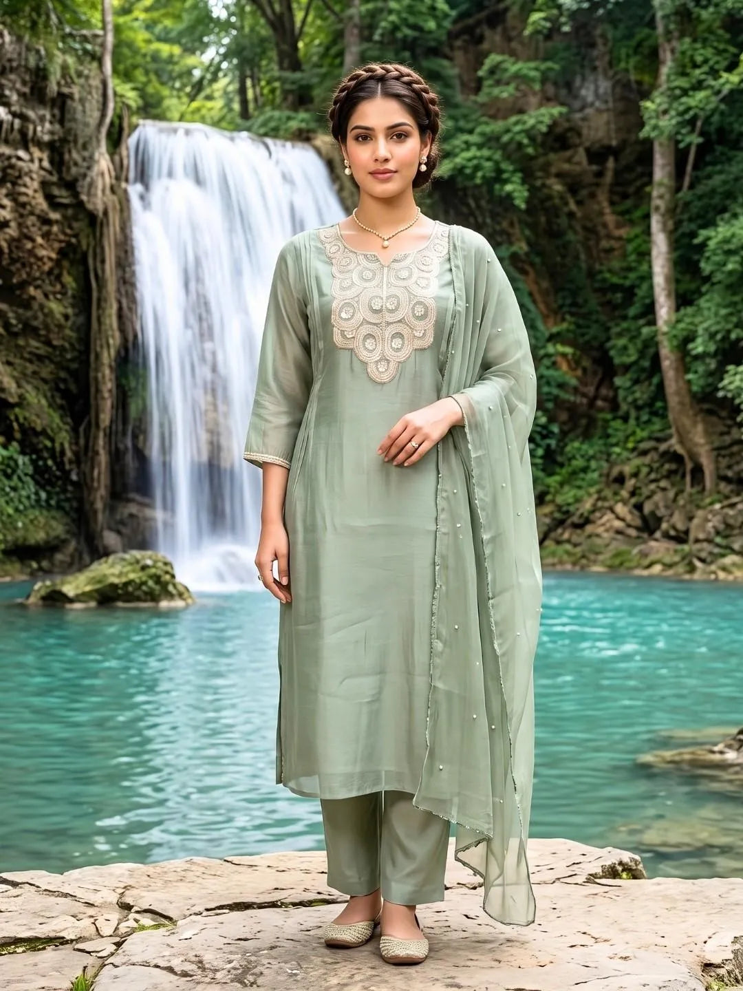 Pastel Mint Green Sequin Embroidered Suit Set