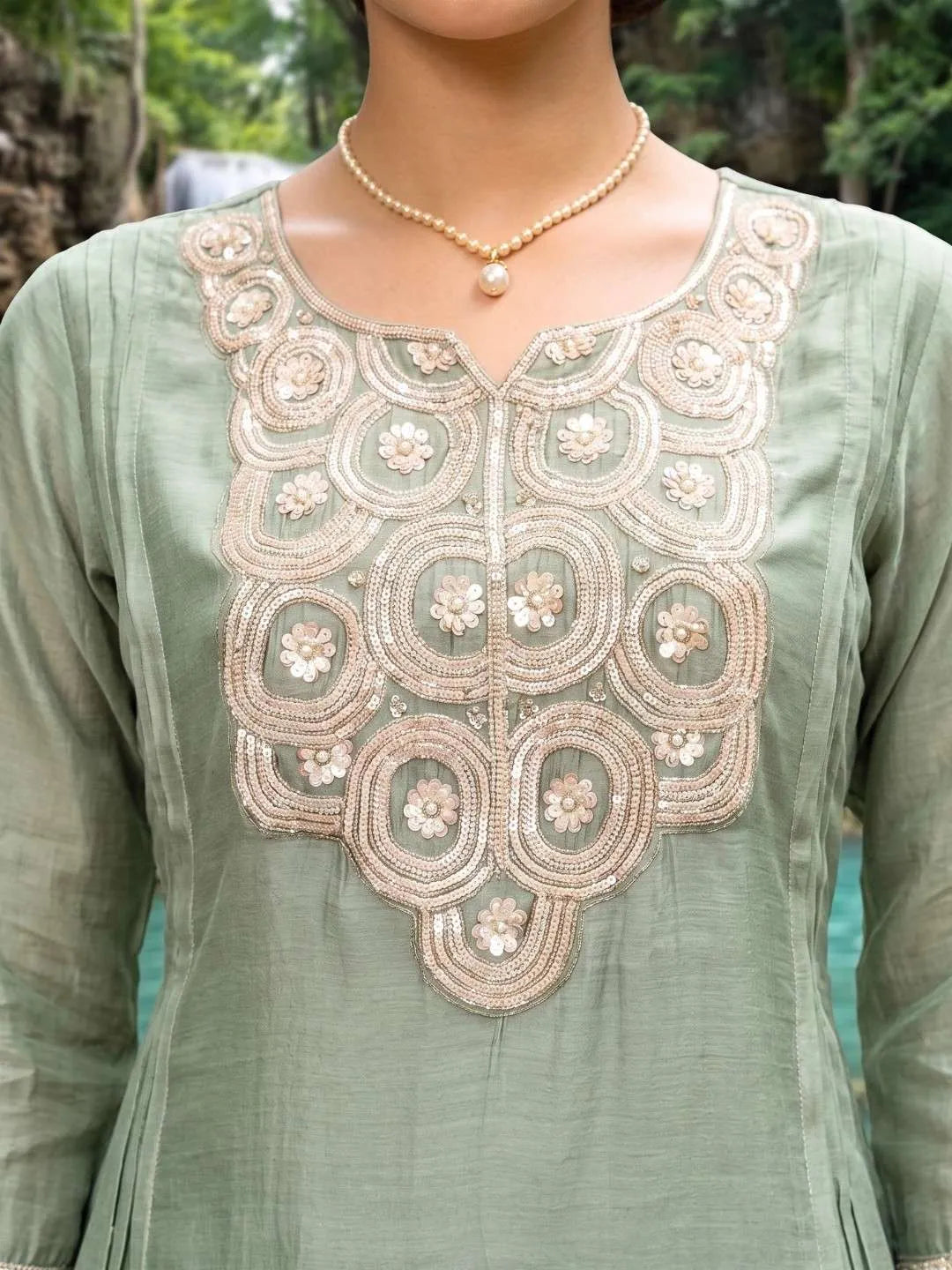 Pastel Mint Green Sequin Embroidered Suit Set