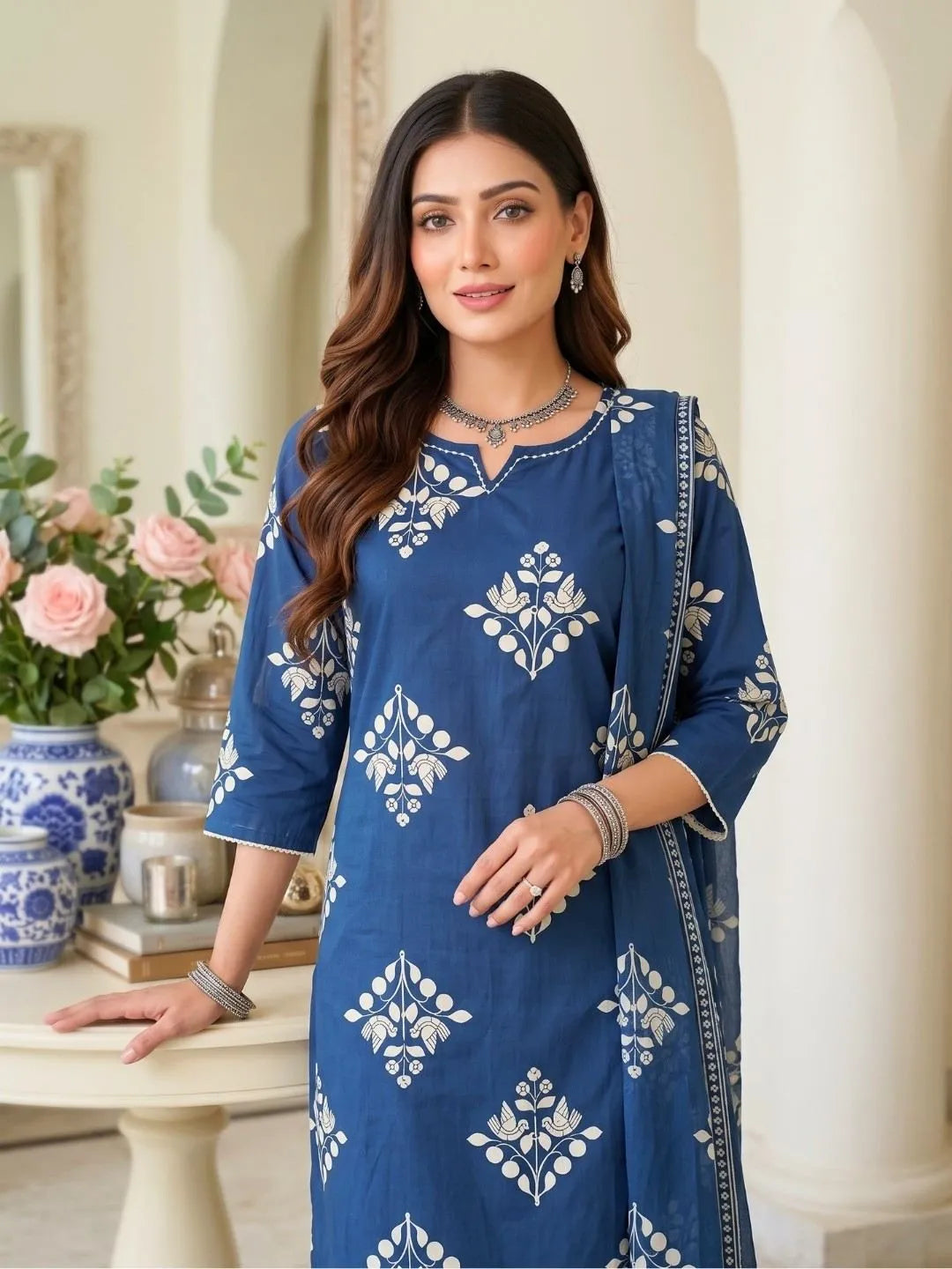 Midnight Blue Floral Printed Embellished Suit Set
