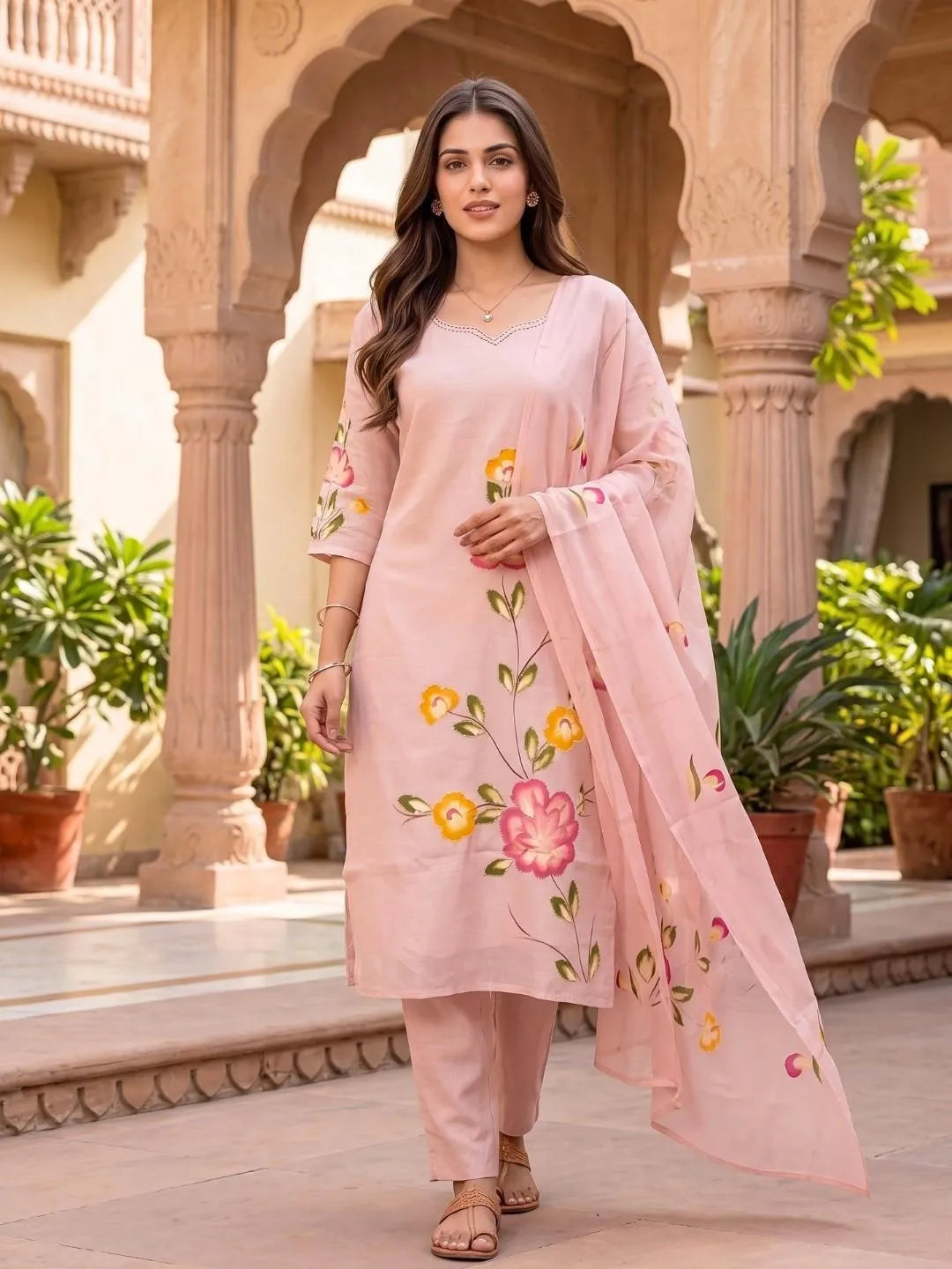 Blush Pink Hand-Painted Floral Suit Set