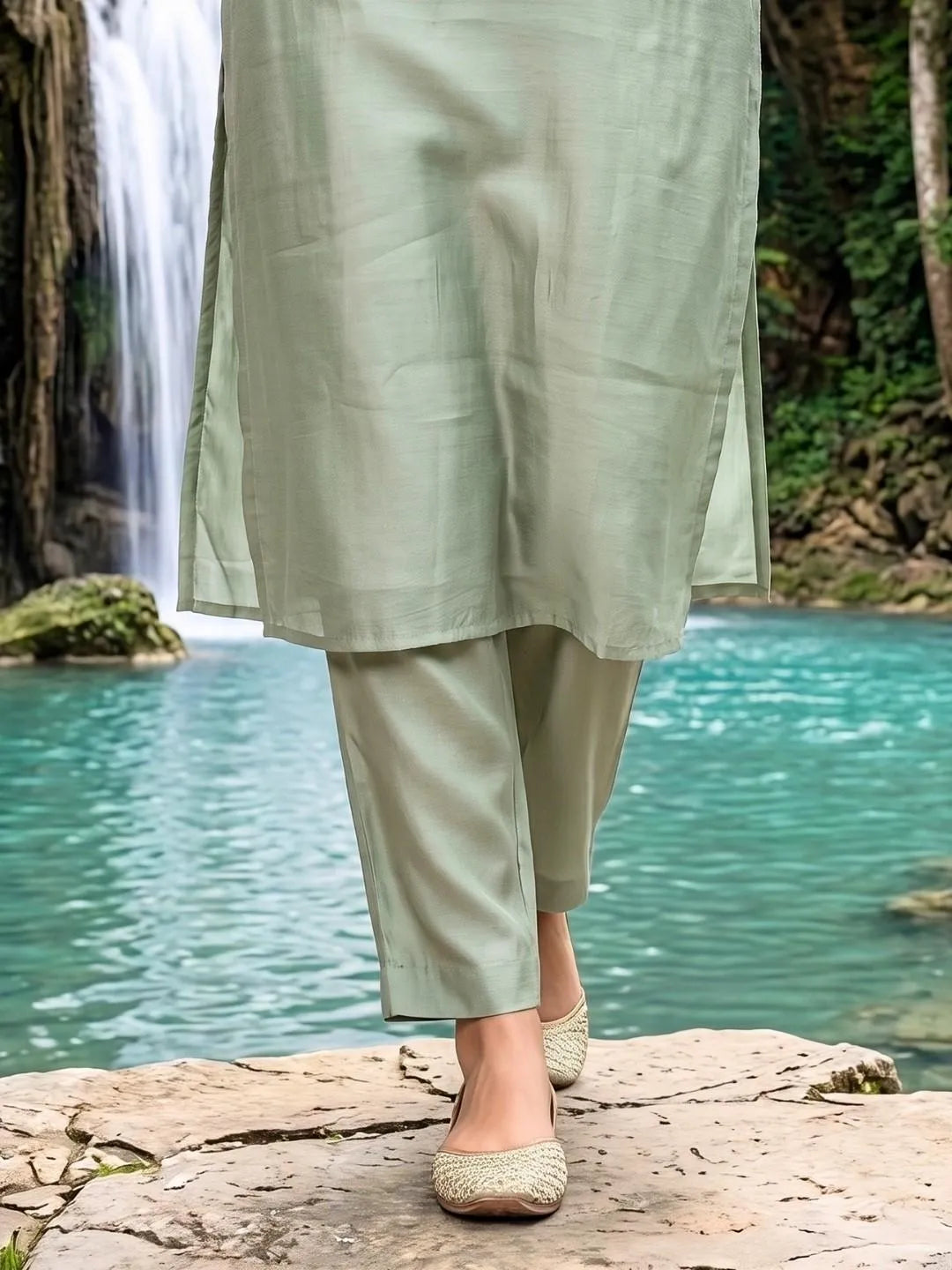 Pastel Mint Green Sequin Embroidered Suit Set