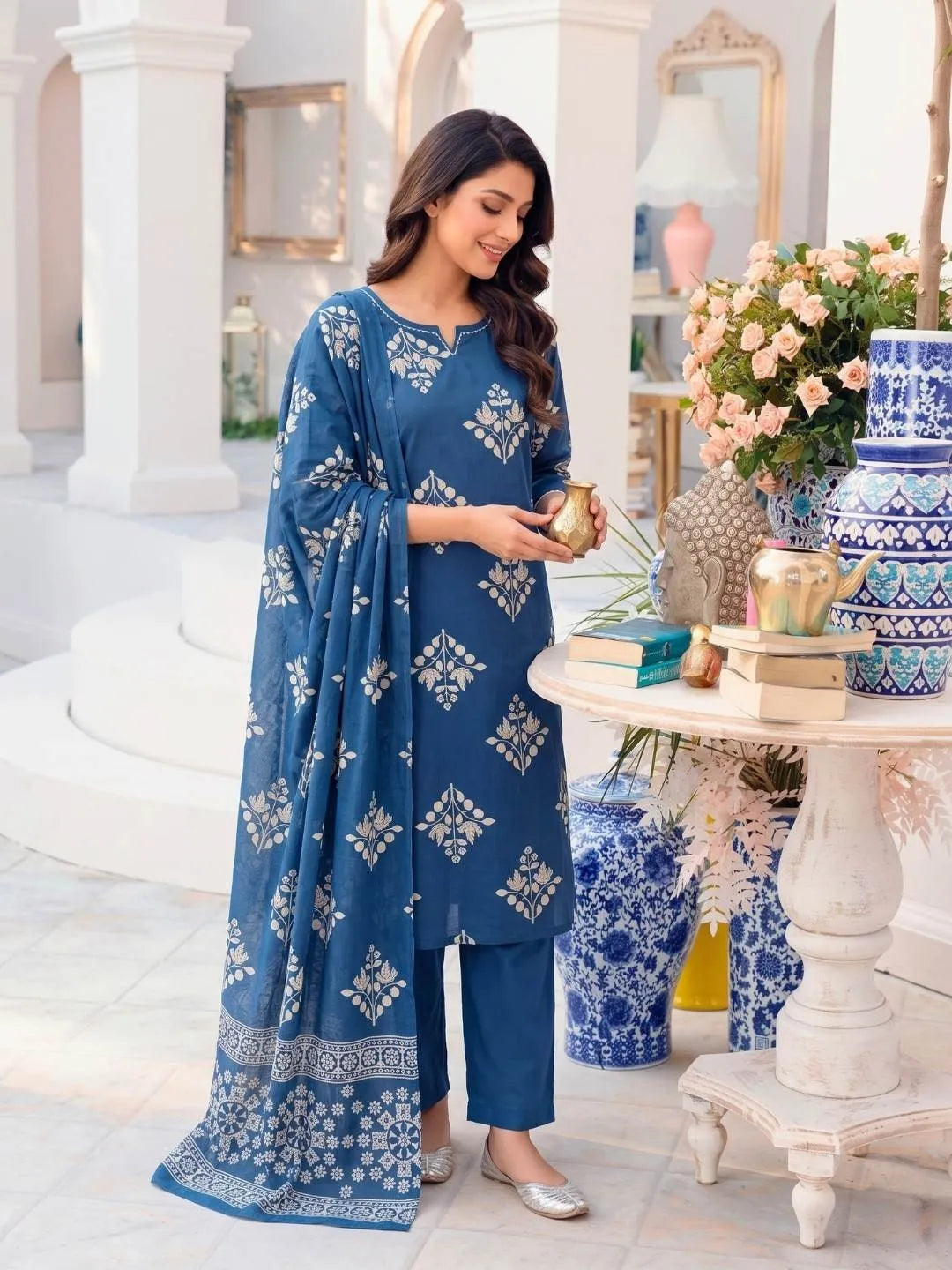 Midnight Blue Floral Printed Embellished Suit Set