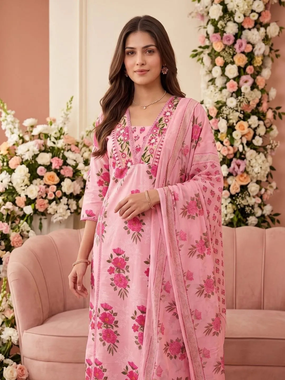 Pink Floral Mirror Work Embroidered Suit Set