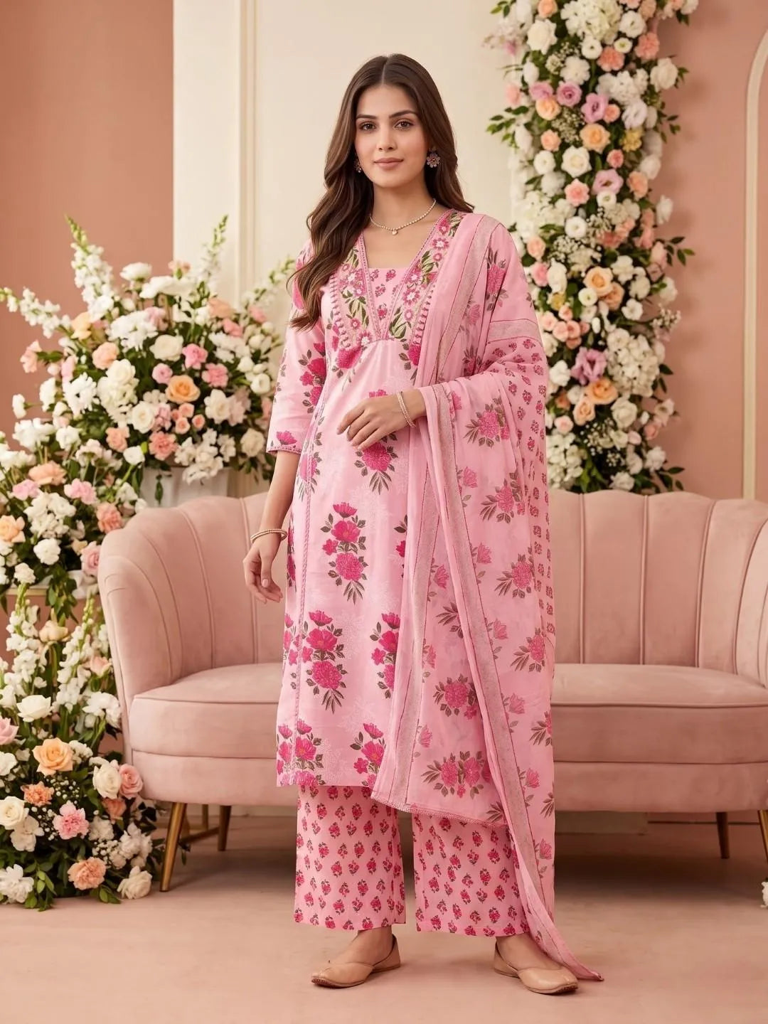 Pink Floral Mirror Work Embroidered Suit Set