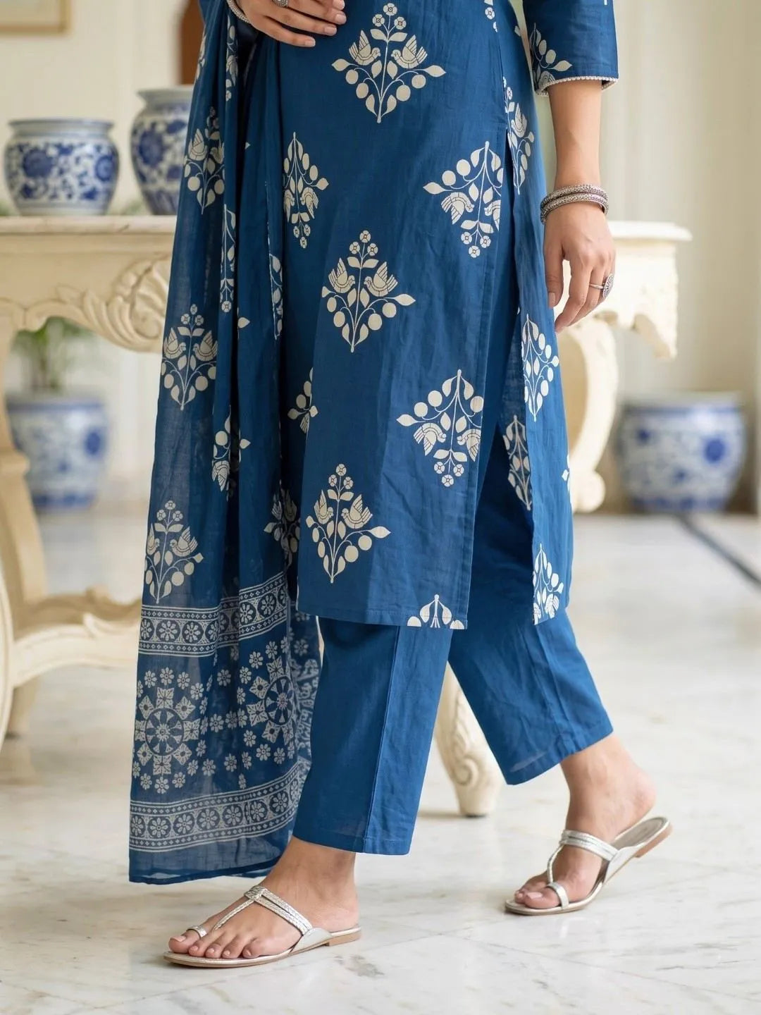Midnight Blue Floral Printed Embellished Suit Set