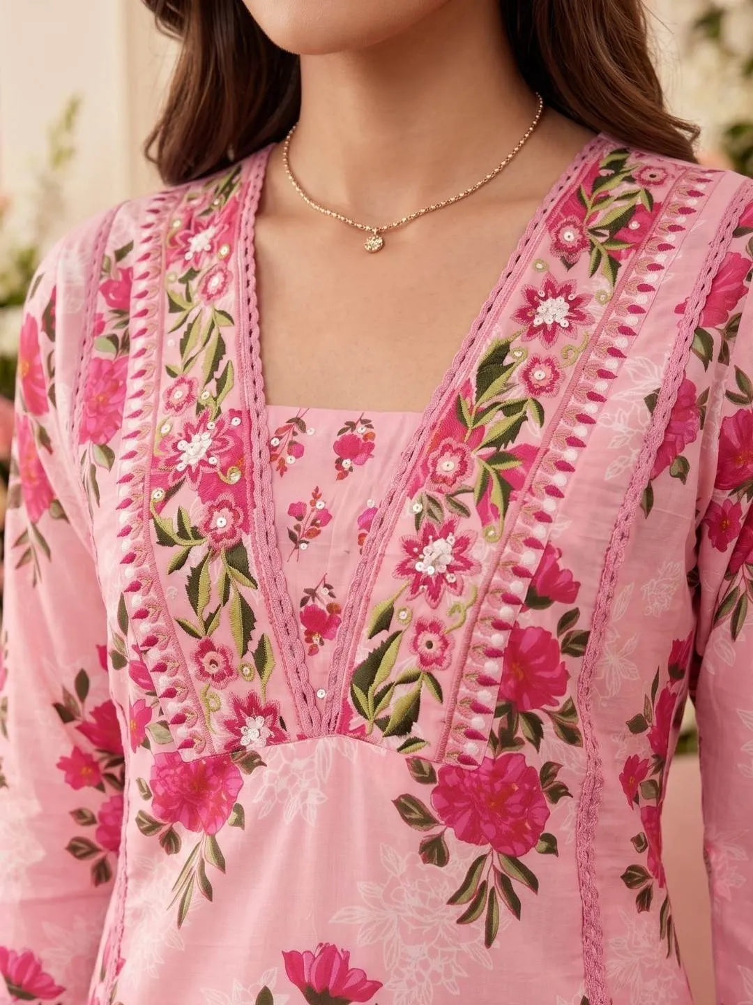 Pink Floral Mirror Work Embroidered Suit Set
